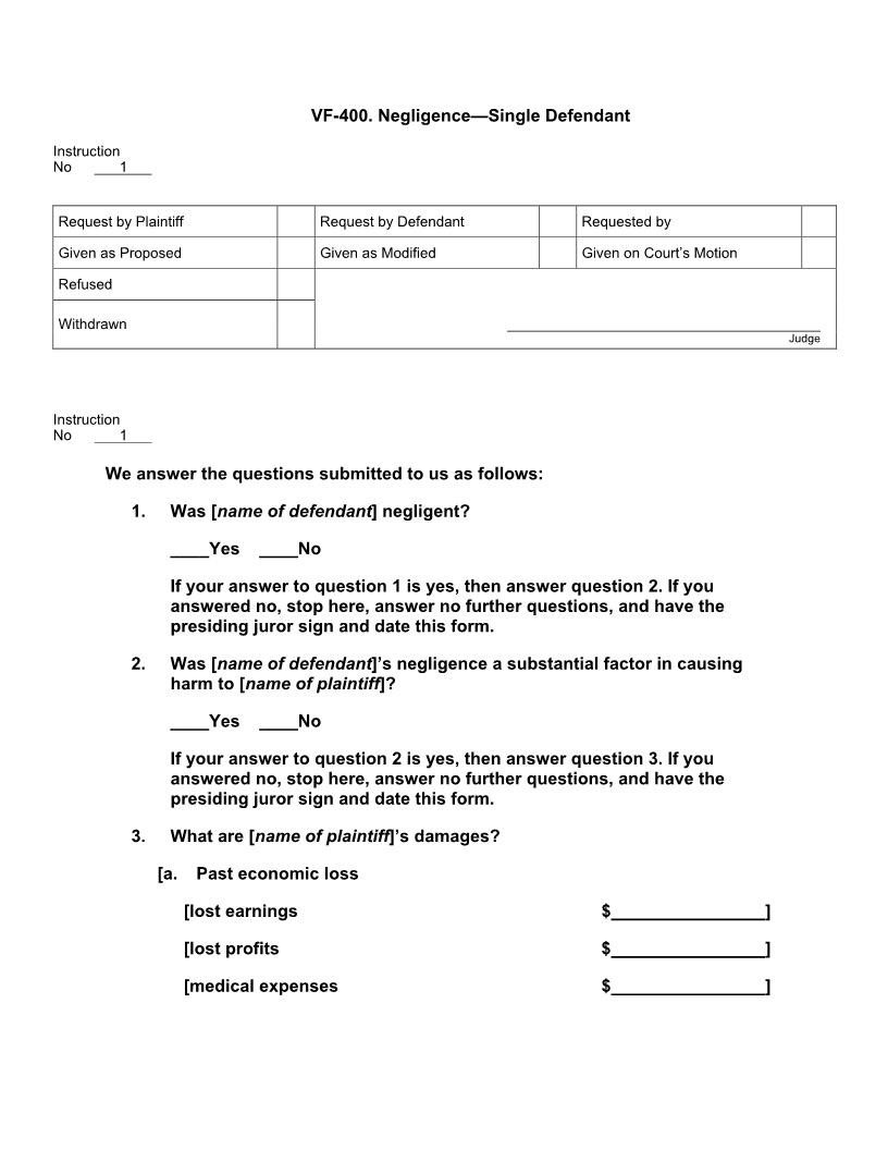 VF 400. Negligence Single Defendant | Pdf Docx | Jury Instructions