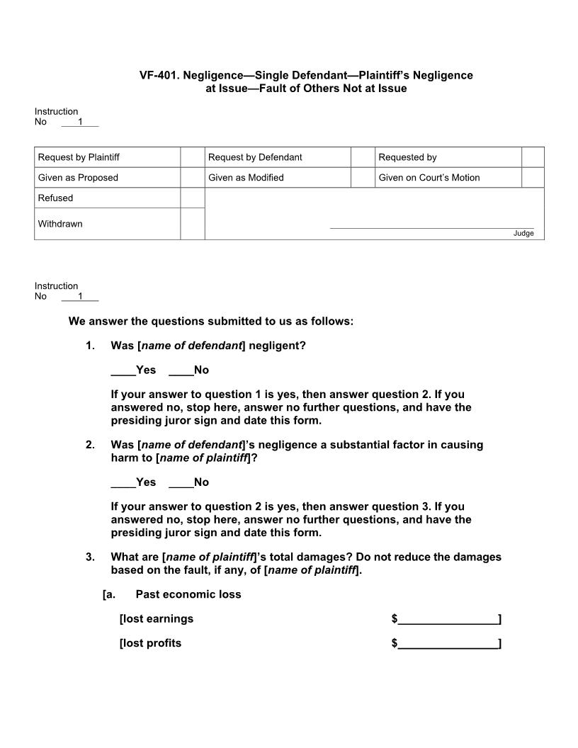 VF 401. Negligence Single Defendant Plaintiffs Negligence At Issue Others Not Issue | Pdf Docx | Jury Instructions
