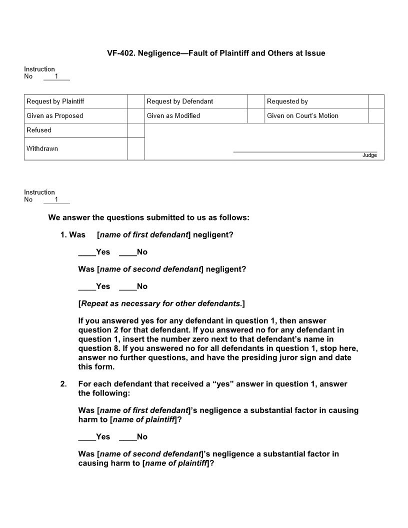 VF 402. Negligence Fault Of Plaintiff And Others At Issue | Pdf Docx | Jury Instructions