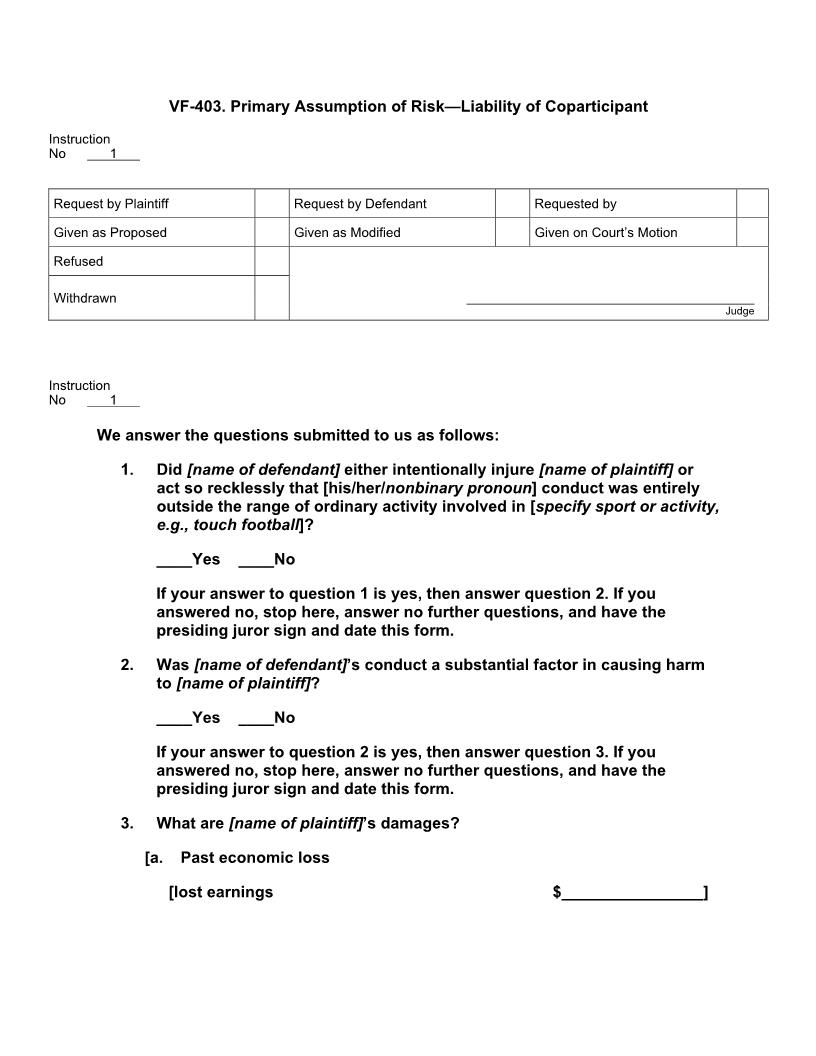 VF 403. Primary Assumption Of Risk Liability Of Coparticipant | Pdf Docx | Jury Instructions
