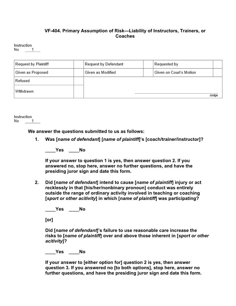 VF 404. Primary Assumption Of Risk Liability Of Instructors Trainers Or Coaches | Pdf Docx | Jury Instructions