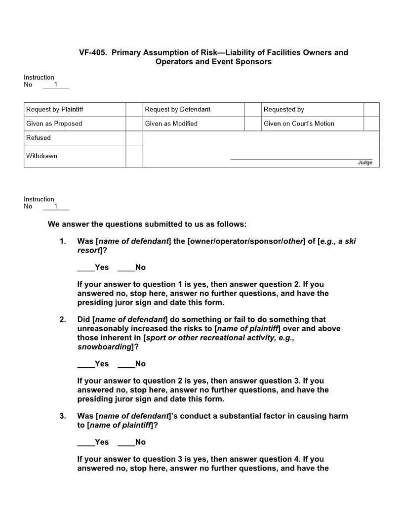VF 405.  Primary Assumption Of Risk Liability Of Facilities Owners Operators Event Sponsors | Pdf Docx | Jury Instructions