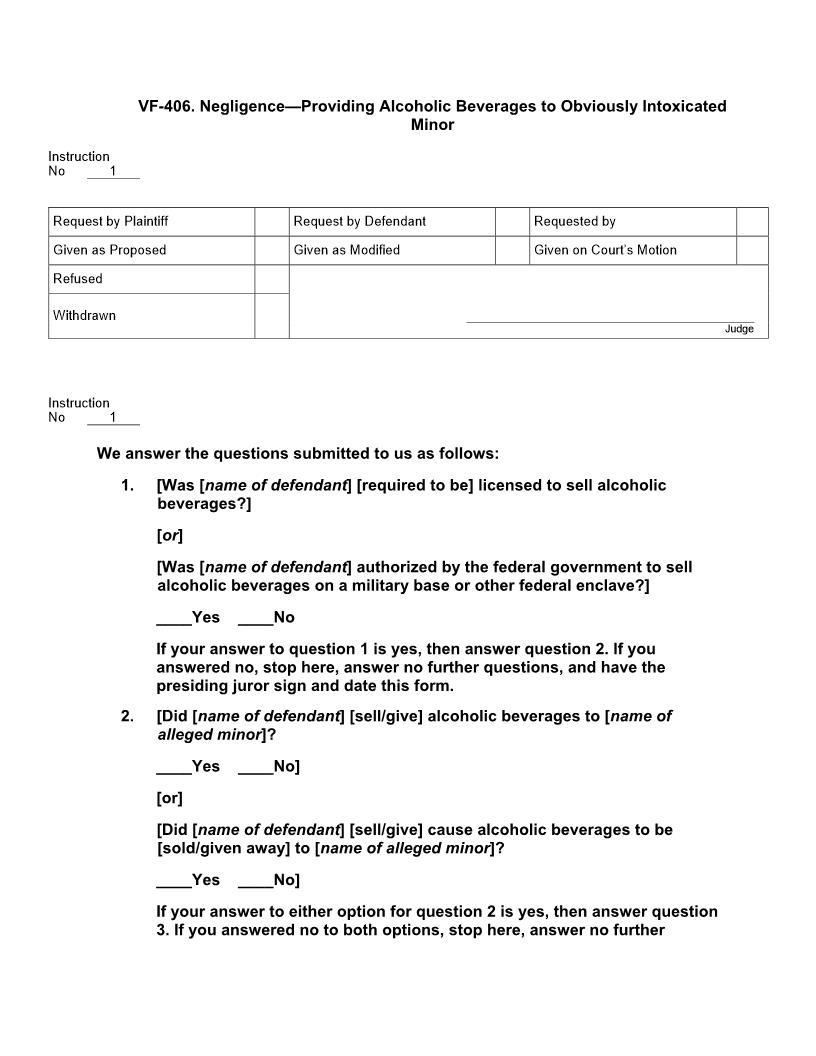VF 406. Negligence Providing Alcoholic Beverages To Obviously Intoxicated Minor | Pdf Docx | Jury Instructions