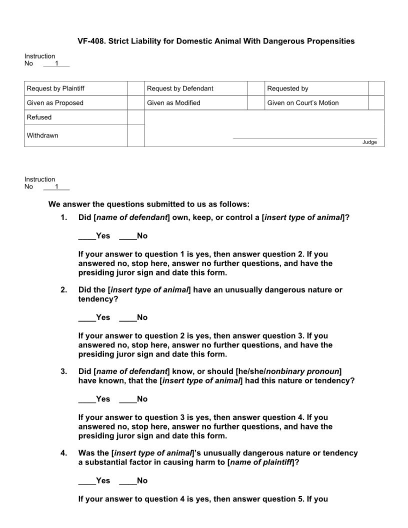 VF 408. Strict Liability For Domestic Animal With Dangerous Propensities | Pdf Docx | Jury Instructions
