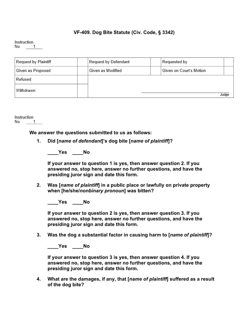 VF 409. Dog Bite Statute (Civ. Code, § 3342) | Pdf Docx | Jury Instructions