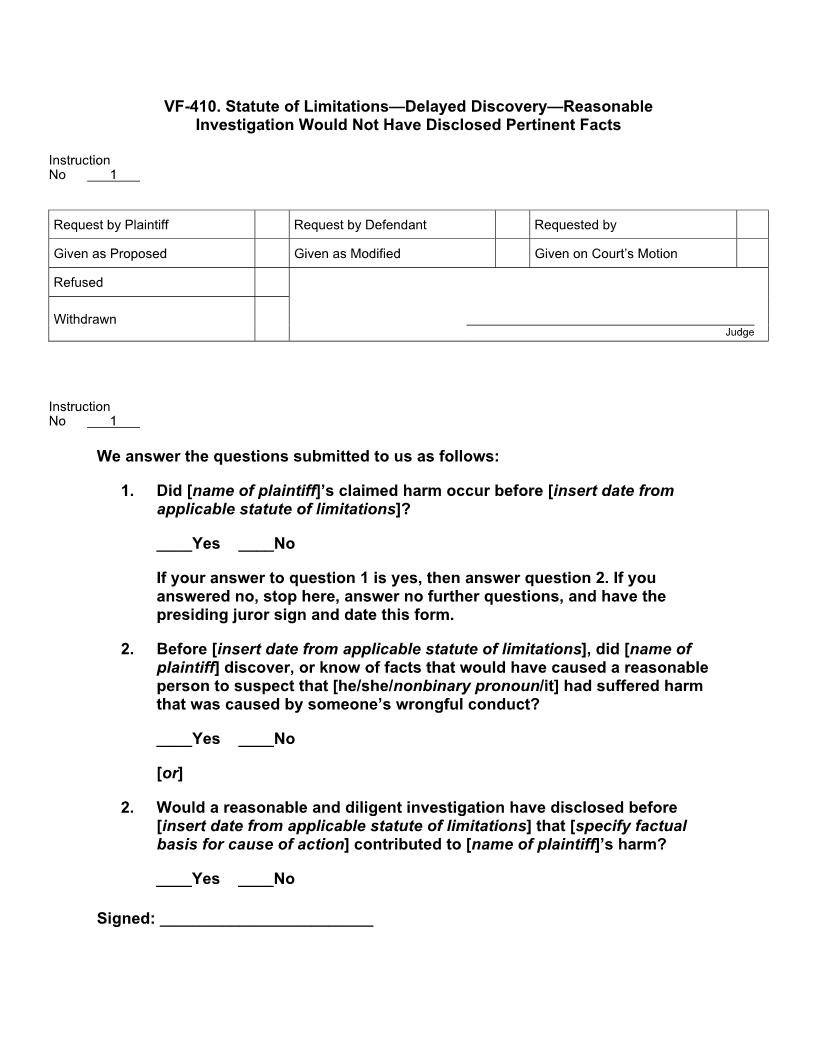 VF 410. Statute Of Limitations Reasonable Investigation Would Not Have Disclosed Facts | Pdf Docx | Jury Instructions