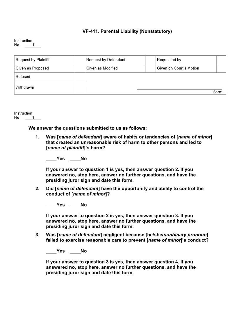 VF 411. Parental Liability (Nonstatutory) | Pdf Docx | Jury Instructions