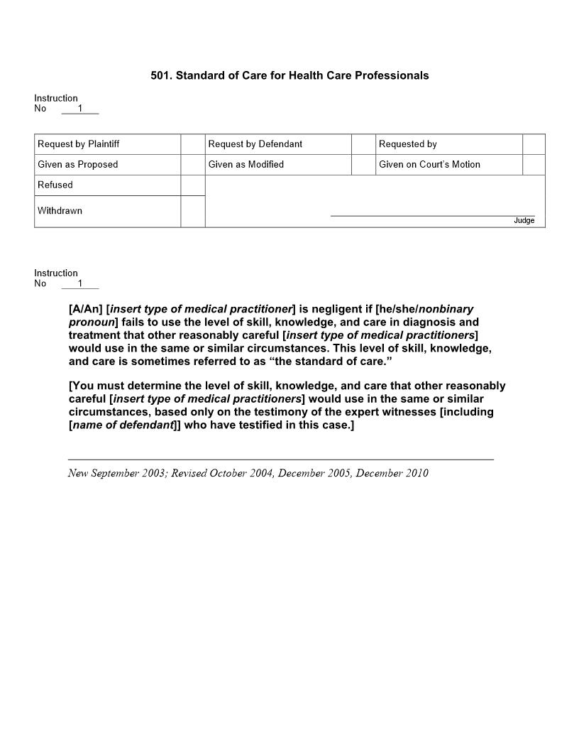 501. Standard of Care for Health Care Professionals | Pdf Docx | Jury Instructions