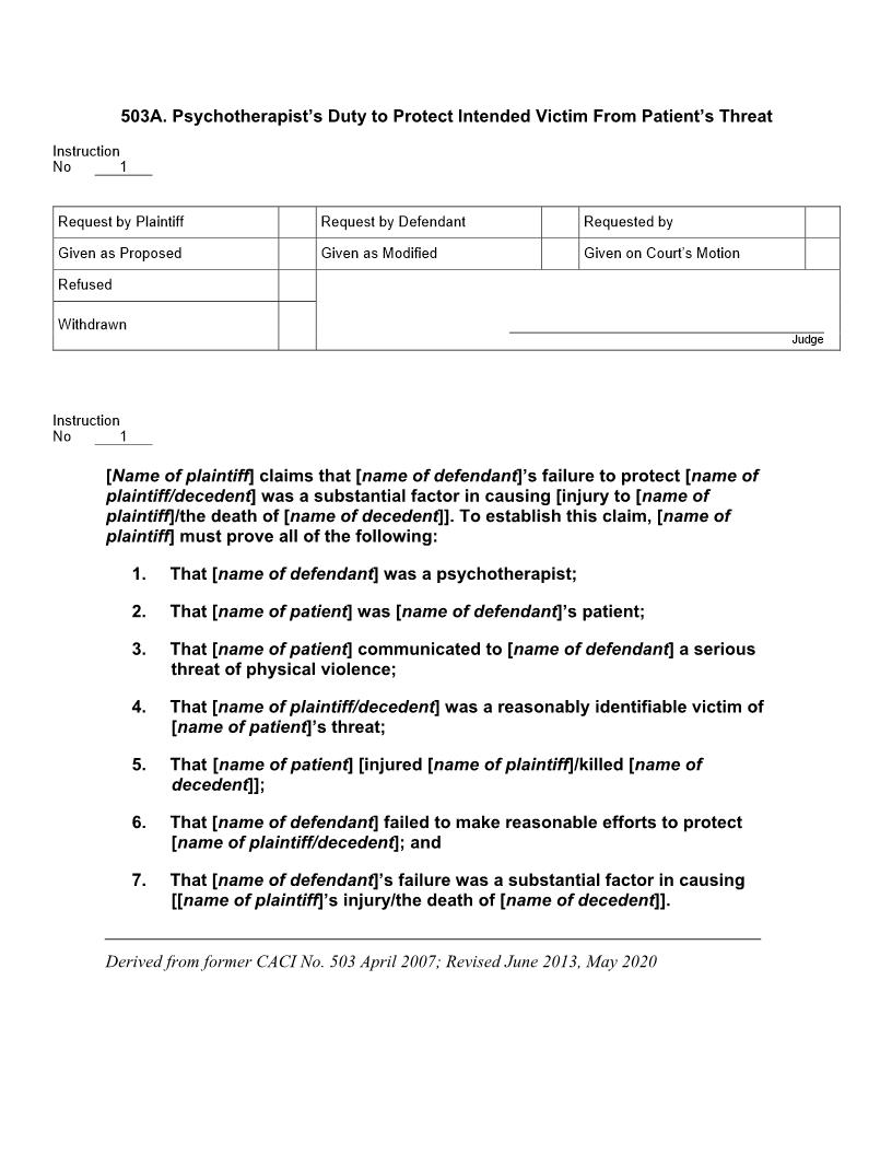 503A. Psychotherapists Duty to Protect Intended Victim From Patients Threat | Pdf Docx | Jury Instructions