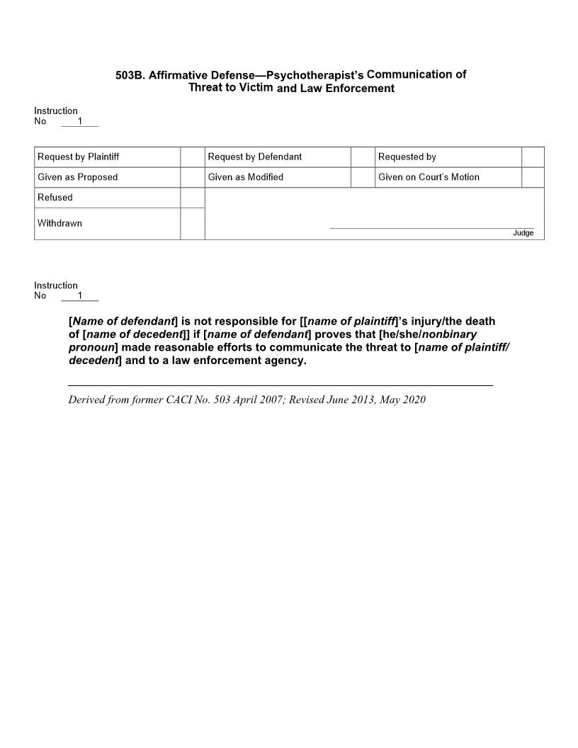503B. Affirmative Defense Psychotherapists Communication of Threat to Victim and Law Enforcement | Pdf Docx | Jury Instructions