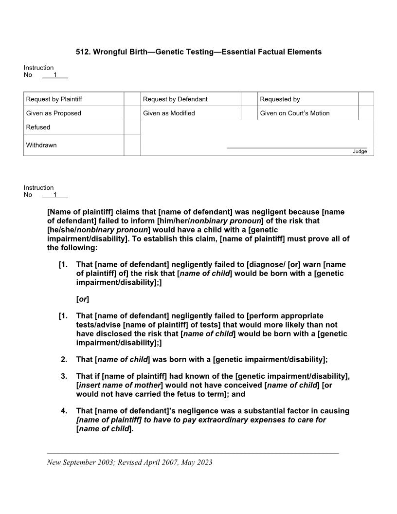 512. Wrongful Birth Genetic Testing Essential Factual Elements | Pdf Docx | Jury Instructions