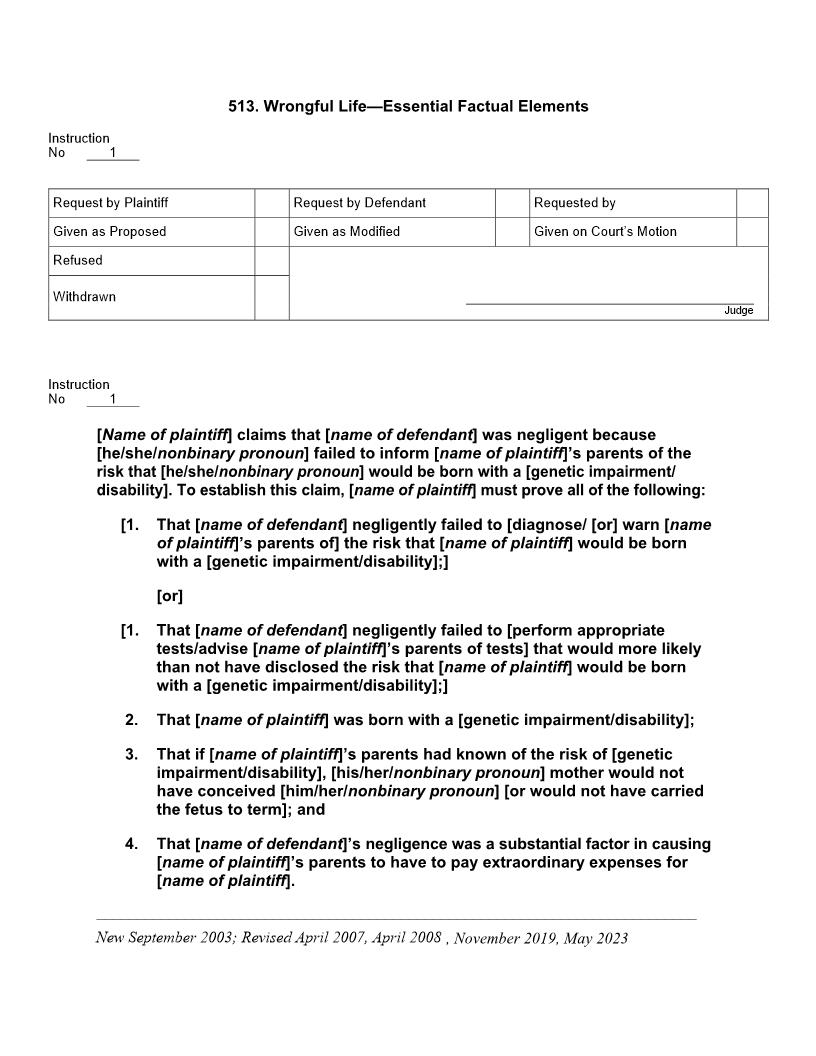 513. Wrongful Life Essential Factual Elements | Pdf Docx | Jury Instructions