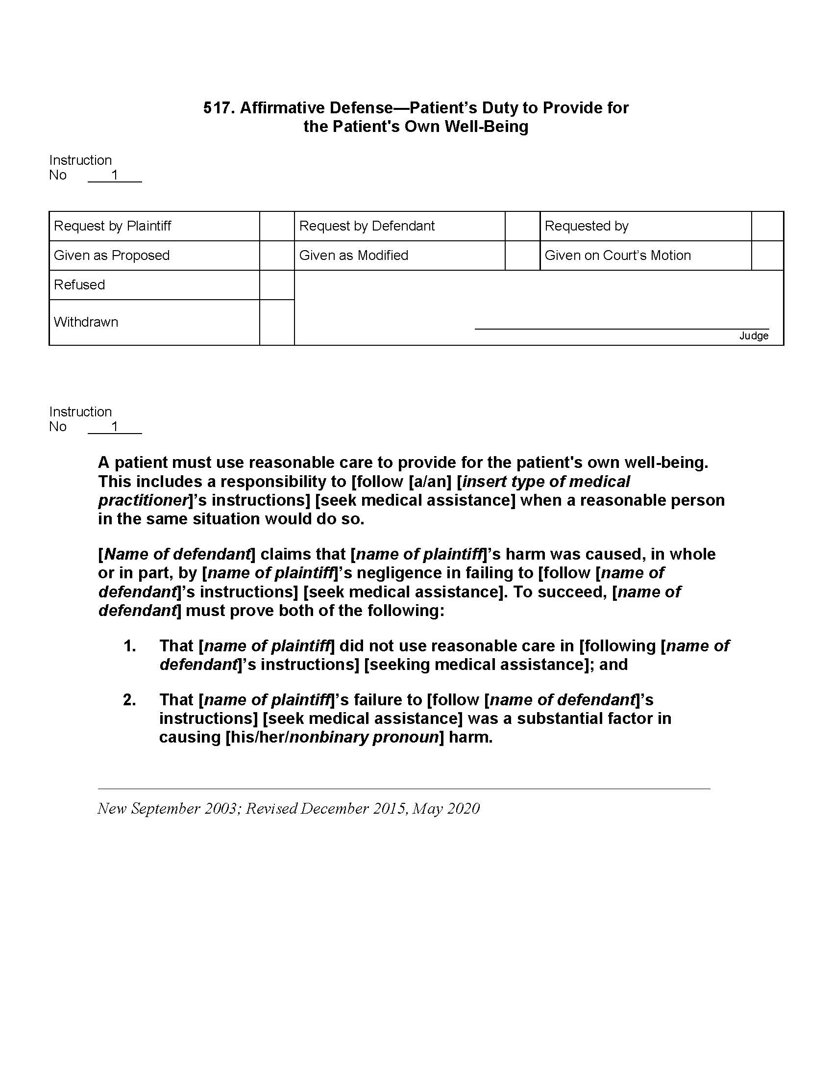 517. Affirmative Defense Patients Duty To Provide For Patients Own Well-Being | Pdf Docx | Jury Instructions