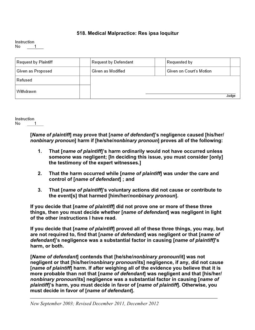 518. Medical Malpractice Res ipsa loquitur | Pdf Docx | Jury Instructions