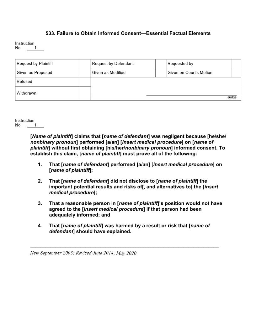 533. Failure to Obtain Informed Consent Essential Factual Elements | Pdf Docx | Jury Instructions