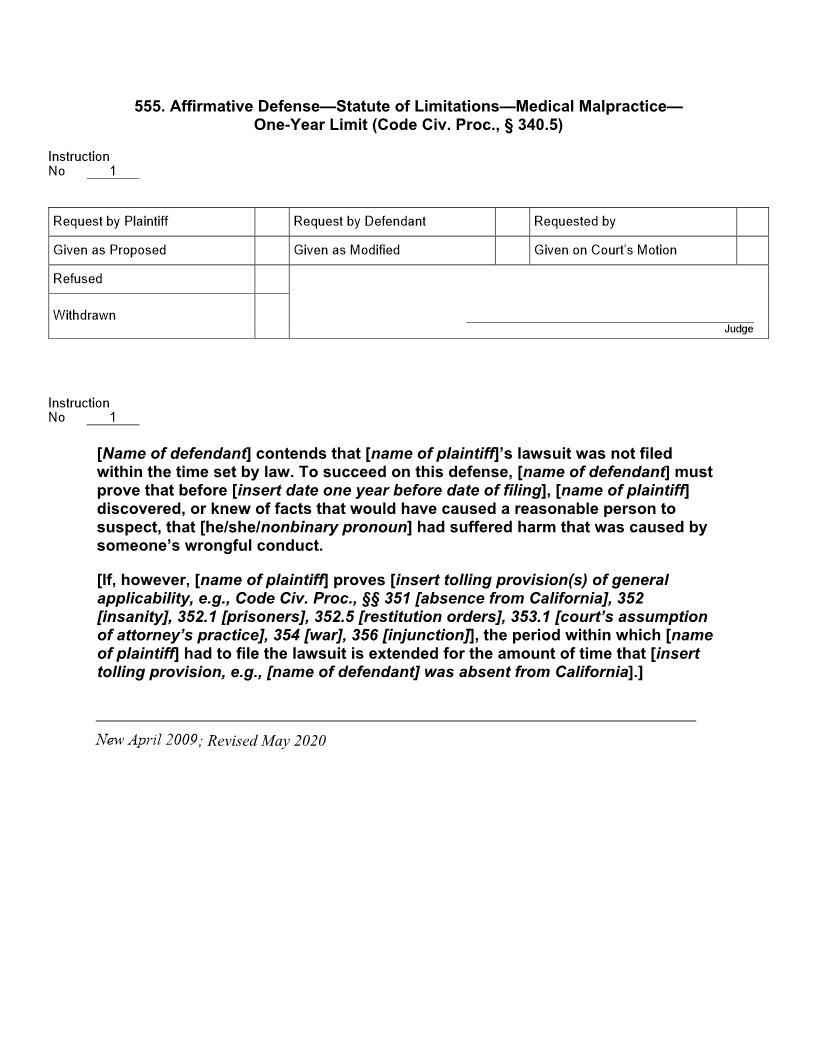 555. Affirmative Defense Statute of Limitations Medical Malpractice One-Year Limit | Pdf Docx | Jury Instructions