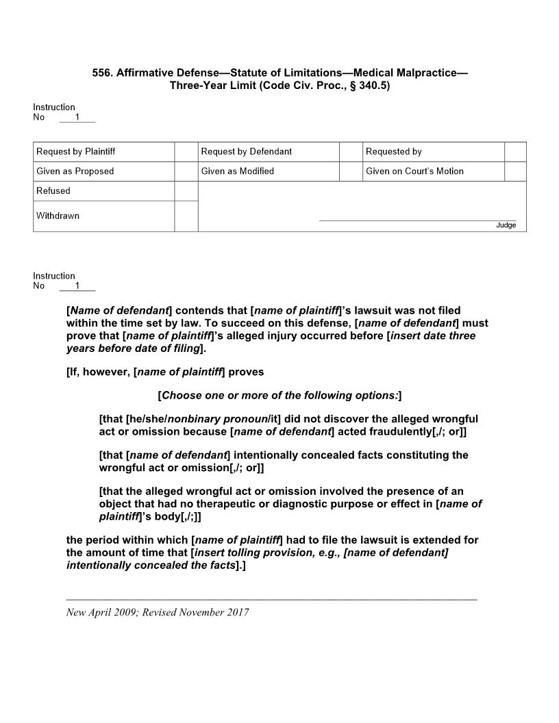 556. Affirmative Defense Statute of Limitations Medical Malpractice Three-Year Limit | Pdf Docx | Jury Instructions