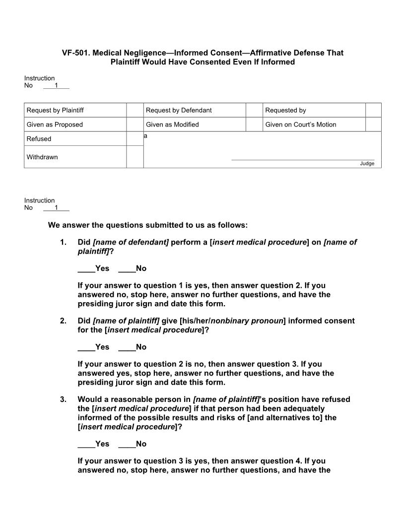 VF 501. Medical Negligence Informed Consent Affirmative Defense Plaintiff Would Have Consented Even If Informed | Pdf Docx | Jury Instructions