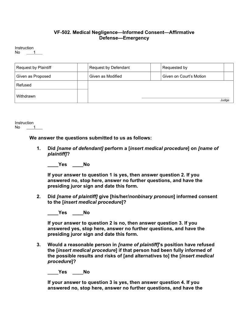 VF 502. Medical Negligence Informed Consent Affirmative Defense Emergency | Pdf Docx | Jury Instructions