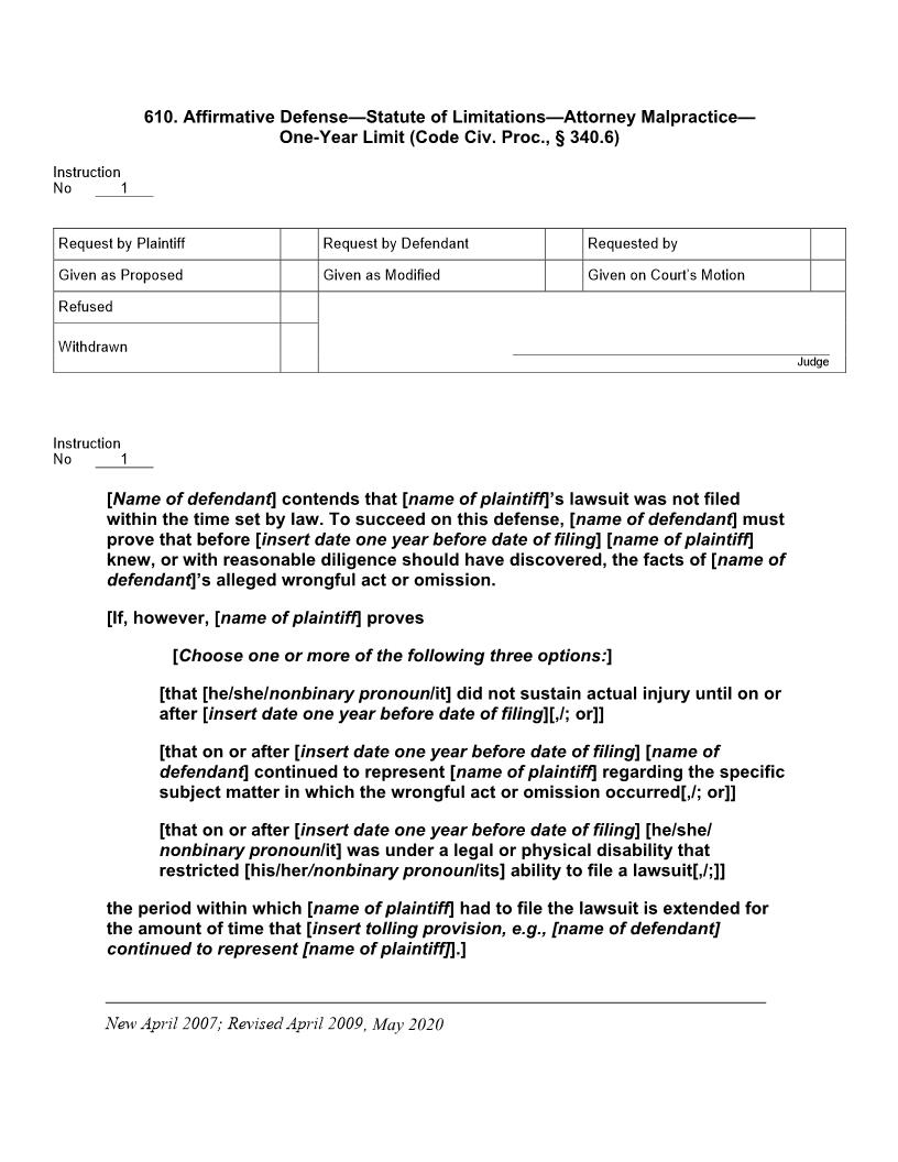610. Affirmative Defense Statute Of Limitations Attorney Malpractice 1-Yr Limit | Pdf Docx | Jury Instructions