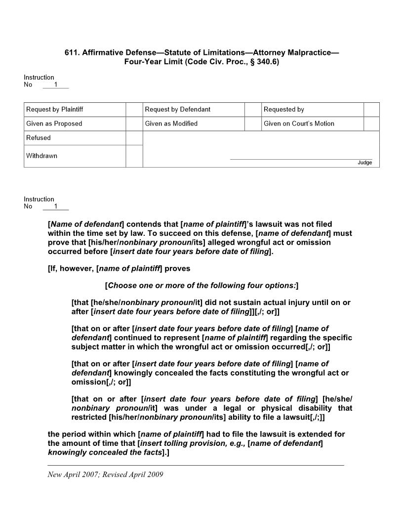 611. Affirmative Defense Statute Of Limitations Attorney Malpractice 4-Yr Limit | Pdf Docx | Jury Instructions