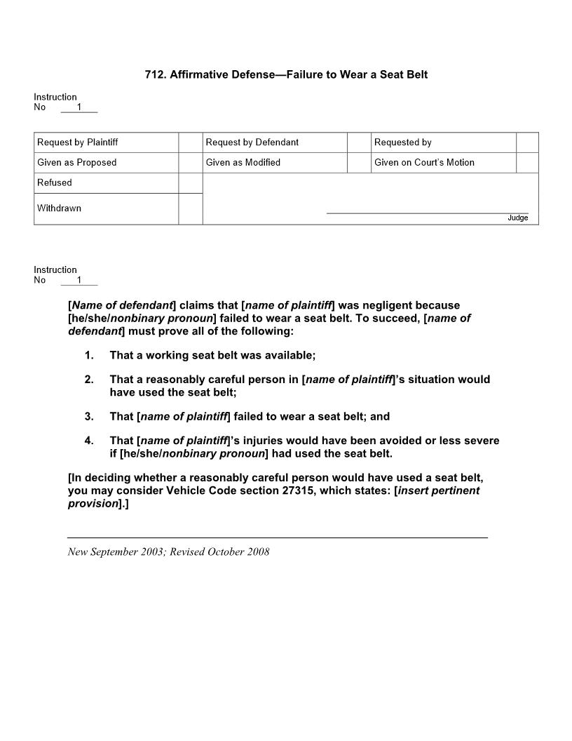 712. Affirmative Defense Failure to Wear a Seatbelt | Pdf Docx | Jury Instructions