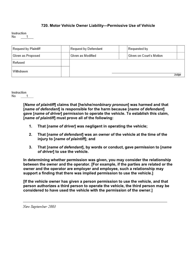 720. Motor Vehicle Owner Liability Permissive Use of Vehicle | Pdf Docx | Jury Instructions