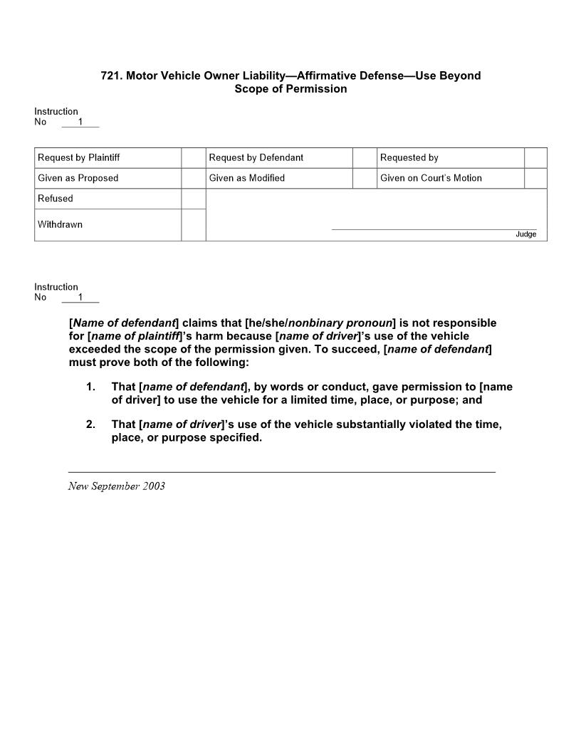 721. Motor Vehicle Owner Liability Affirmative Defense Use Beyond Scope of Permission | Pdf Docx | Jury Instructions