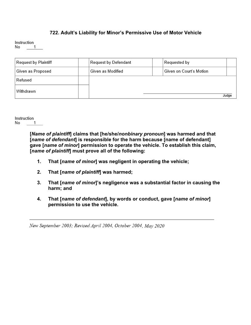722. Adults Liability for Minors Permissive Use of Motor Vehicle | Pdf Docx | Jury Instructions