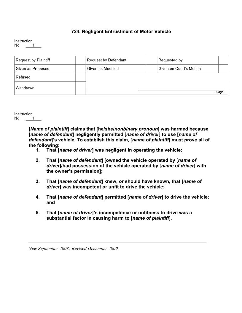 724. Negligent Entrustment of Motor Vehicle | Pdf Docx | Jury Instructions