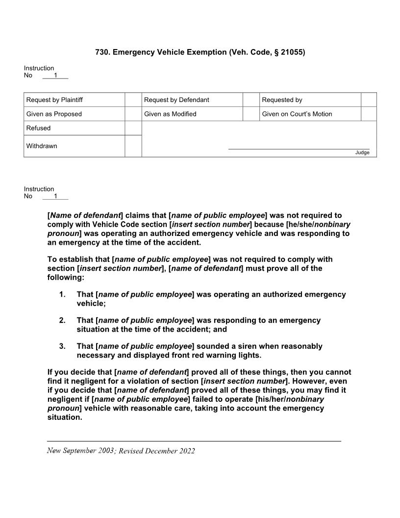 730. Emergency Vehicle Exemption (Veh. Code, § 21055) | Pdf Doc Docx | Jury Instructions