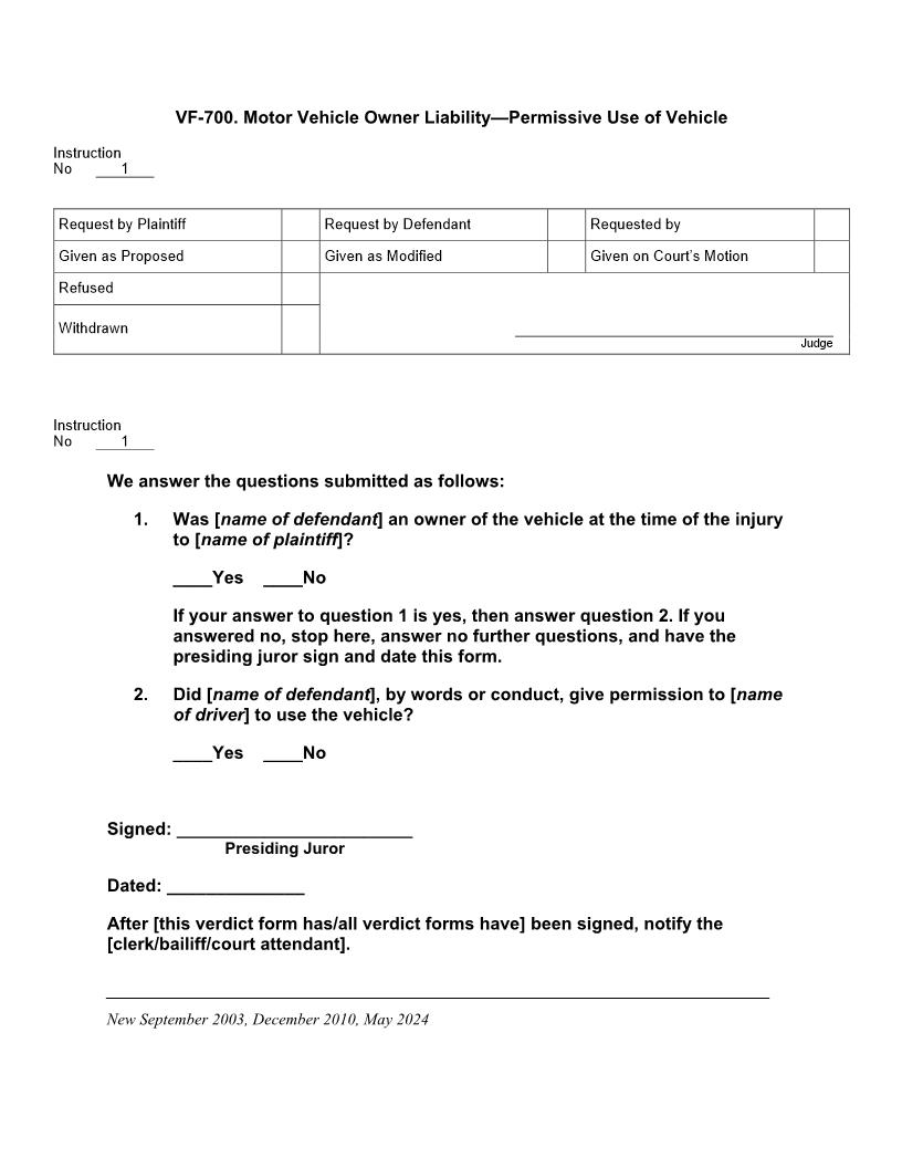 VF 700. Motor Vehicle Owner Liability Permissive Use Of Vehicle | Pdf Docx | Jury Instructions