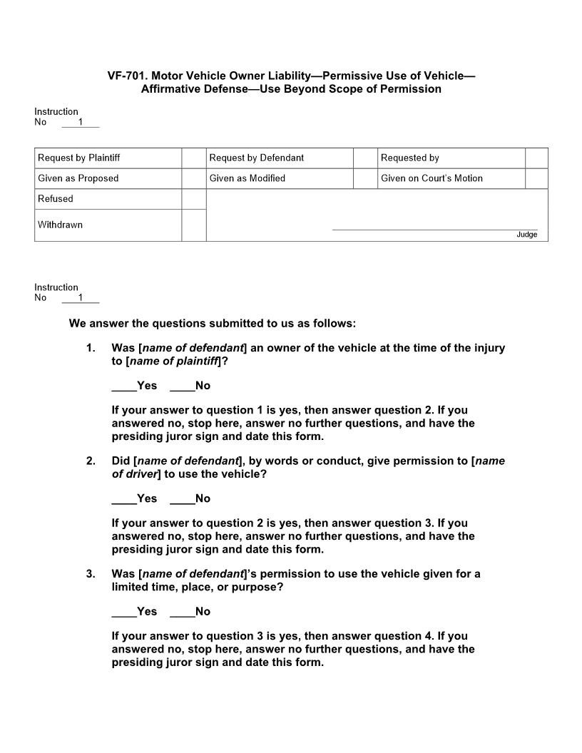VF 701. Motor Vehicle Owner Liability Permissive Use Of Vehicle Affirmative Defense Use Beyond Scope Of Permission | Pdf Docx | Jury Instructions