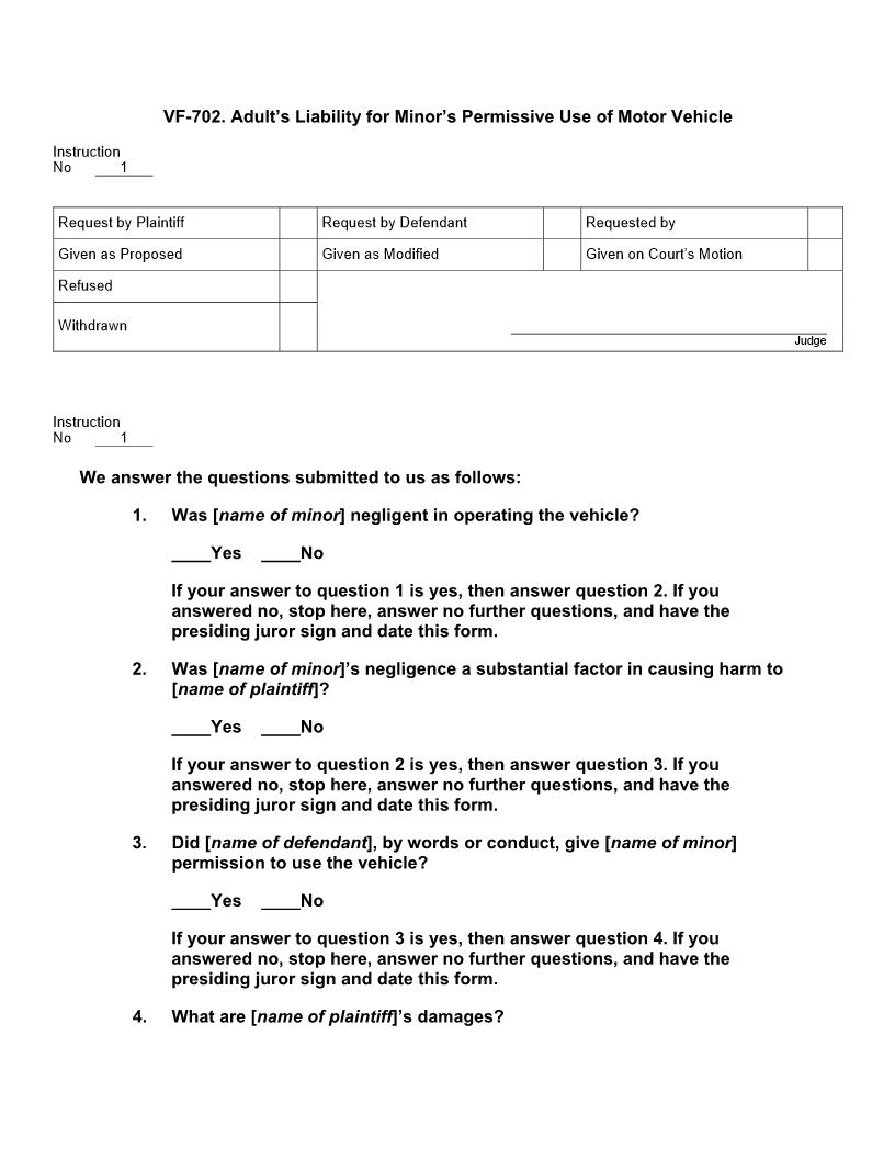 VF 702. Adults Liability For Minors Permissive Use Of Motor Vehicle | Pdf Docx | Jury Instructions