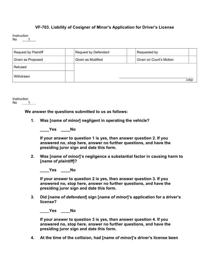 VF 703. Liability Of Cosigner Of Minors Application For Drivers License | Pdf Docx | Jury Instructions