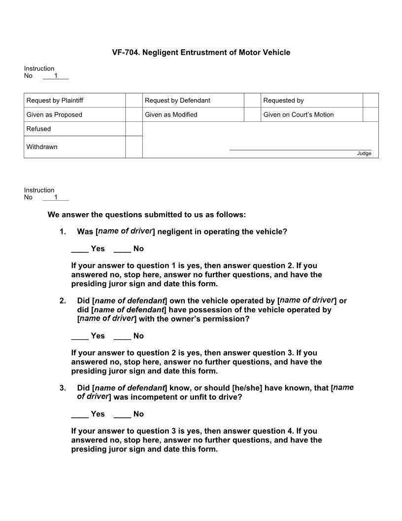 VF 704. Negligent Entrustment Of Motor Vehicle | Pdf Docx | Jury Instructions