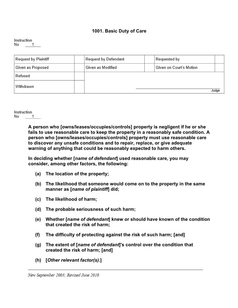 1001. Basic Duty of Care | Pdf Docx | Jury Instructions