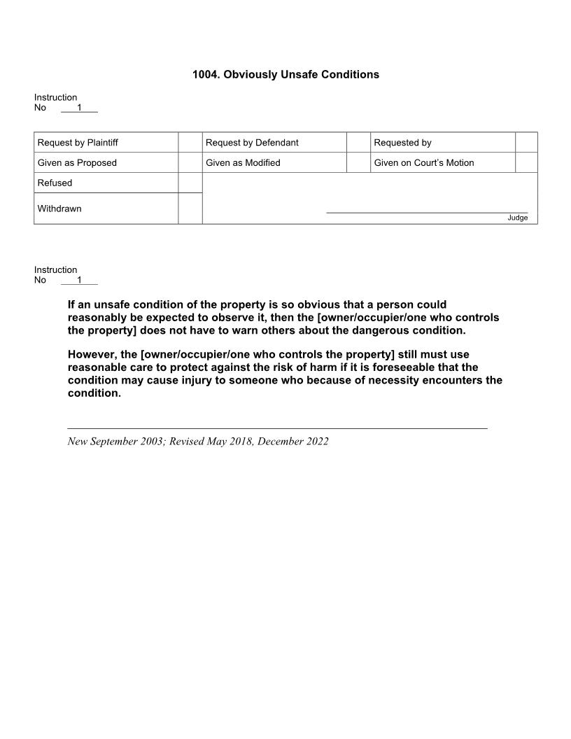 1004. Obviously Unsafe Conditions | Pdf Docx | Jury Instructions