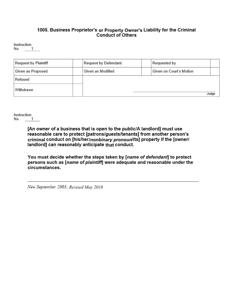 1005. Business Proprietors Or Property Owners Liability For Criminal Conduct Of Others | Pdf Docx | Jury Instructions
