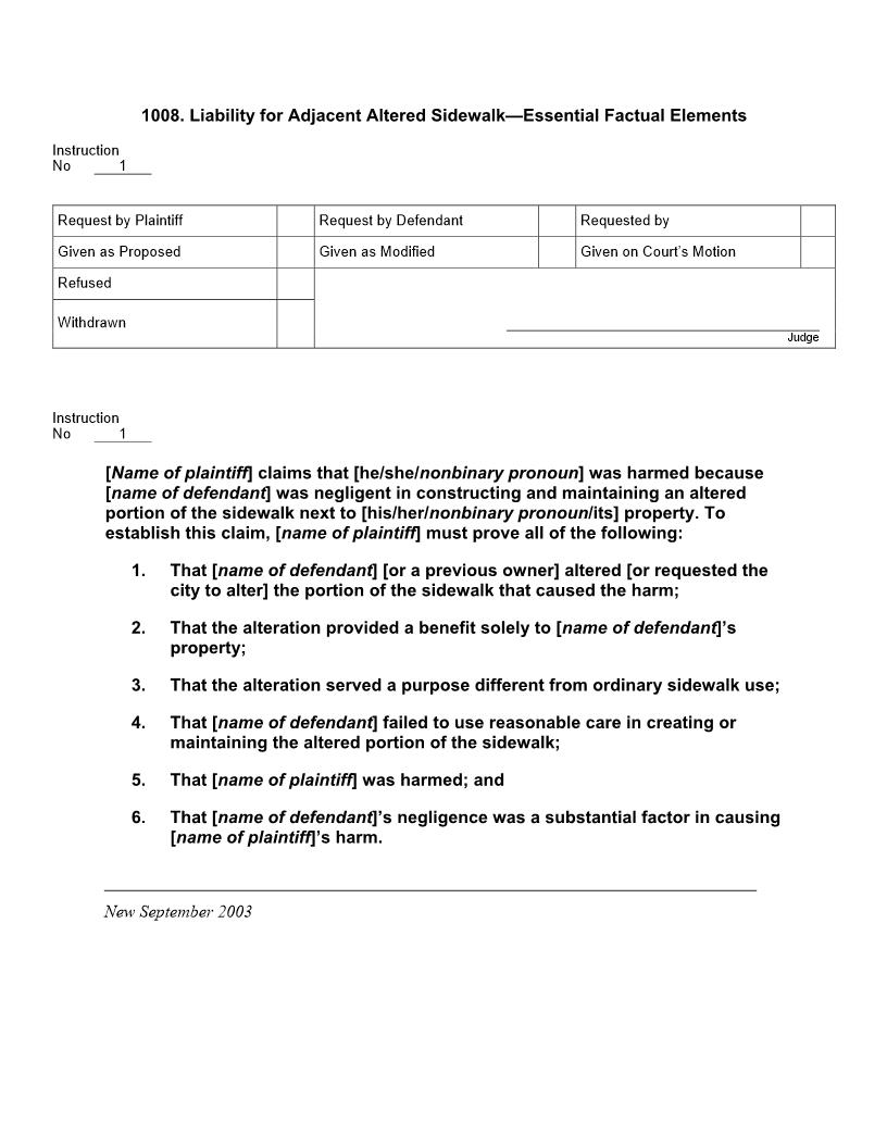 1008. Liability for Adjacent Altered Sidewalk Essential Factual Elements | Pdf Docx | Jury Instructions