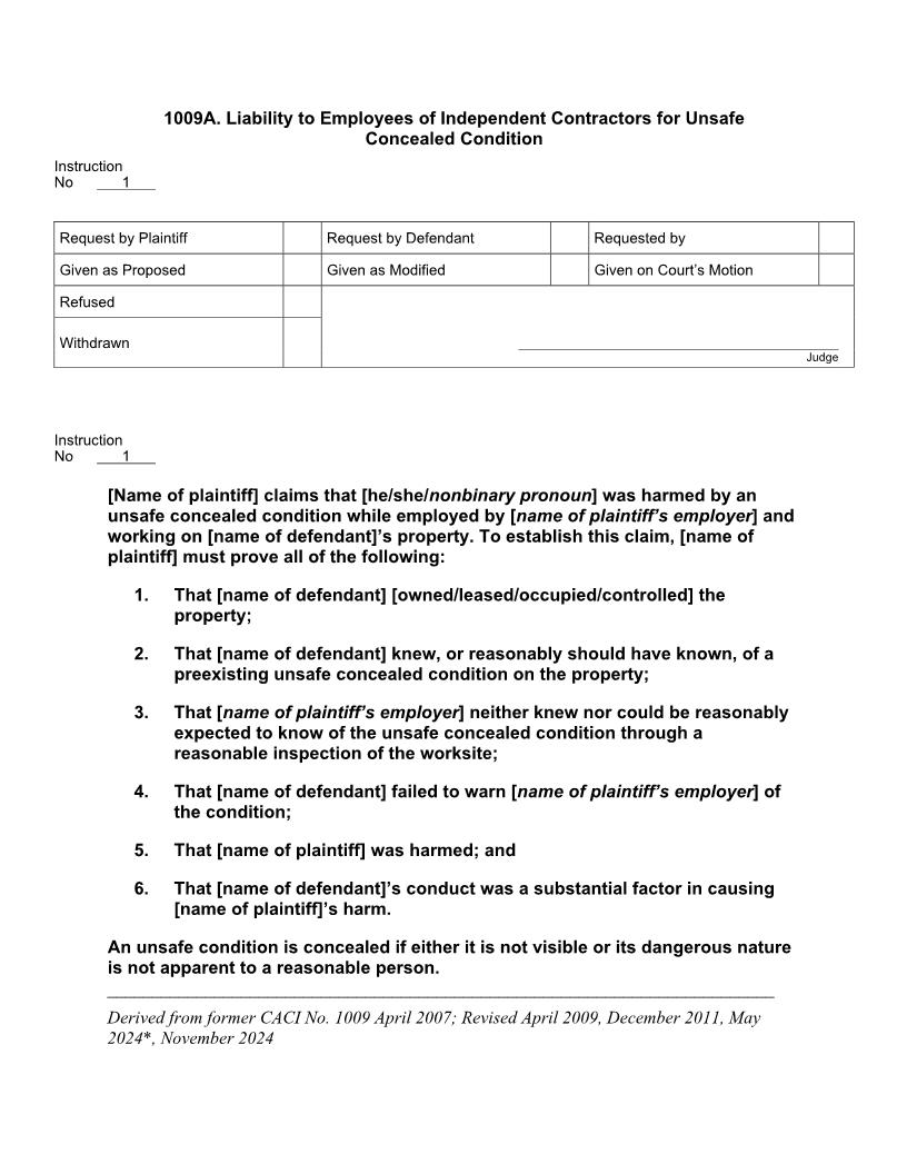 1009A. Liability to Employees of Independent Contractors for Unsafe Concealed Condition | Pdf Docx | Jury Instructions