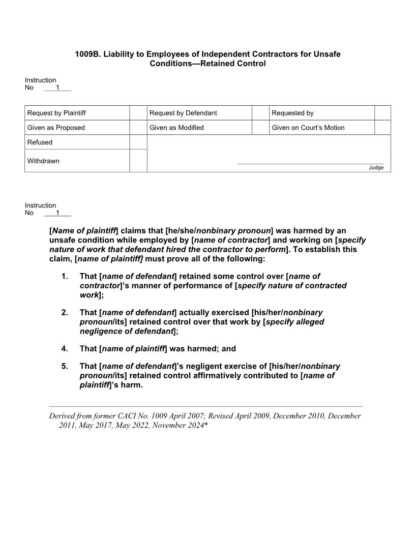 1009B. Liability to Employees of Independent Contractors for Unsafe Conditions Retained Control | Pdf Docx | Jury Instructions