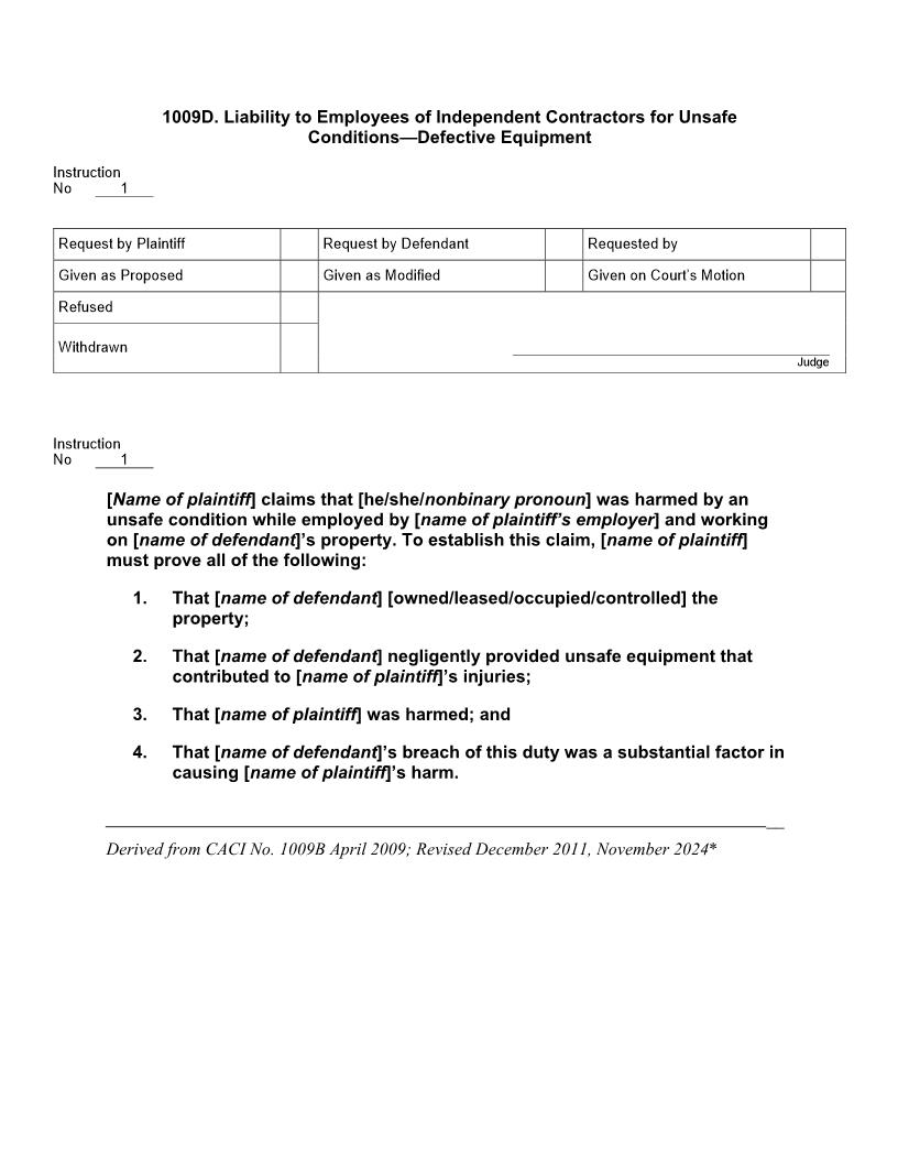 1009D. Liability to Employees of Independent Contractors for Unsafe Conditions Defective Equipment | Pdf Docx | Jury Instructions