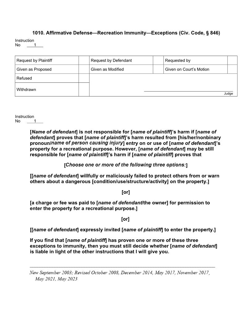 1010. Affirmative Defense Recreation Immunity Exceptions (Civ. Code, § 846) | Pdf Doc Docx | Jury Instructions