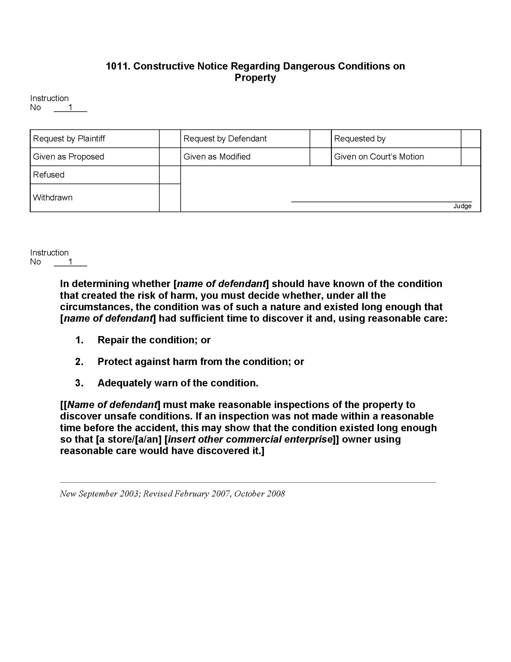 1011. Constructive Notice Regarding Dangerous Conditions on Property | Pdf Docx | Jury Instructions