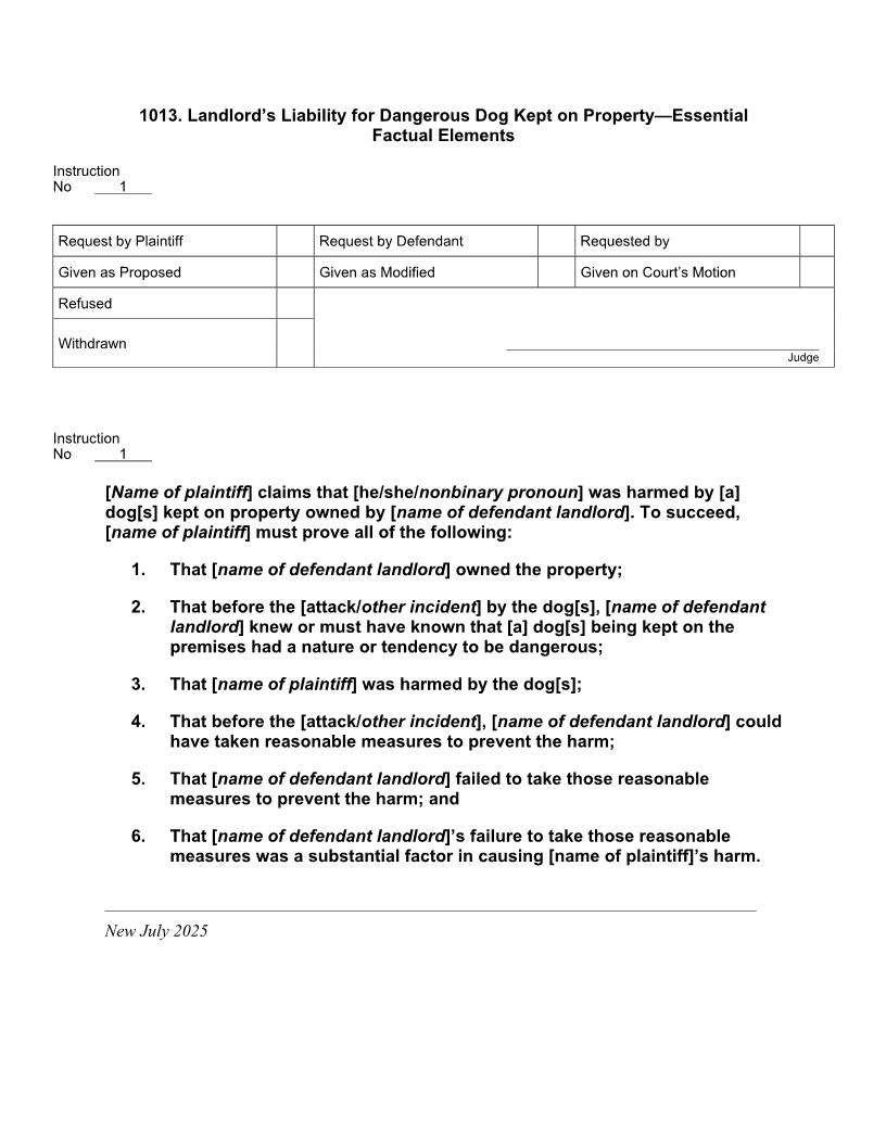 1013. Landlords Liability For Dangerous Dog Kept On Property Essential Factual Elements | Pdf Docx | Jury Instructions