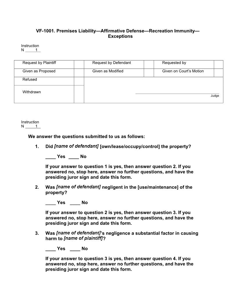 VF 1001. Premises Liability Affirmative Defense Recreation Immunity Exceptions | Pdf Docx | Jury Instructions