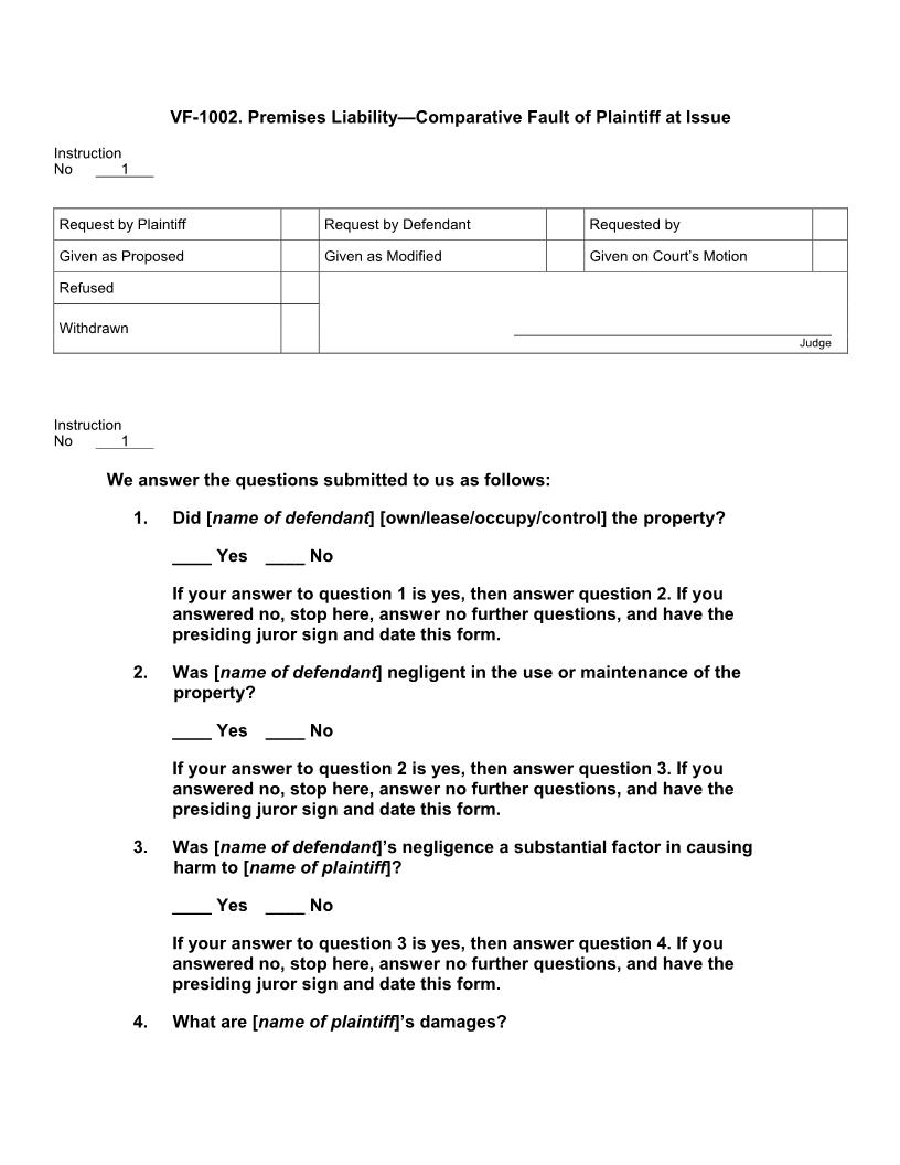 VF 1002. Premises Liability Comparative Fault Of Plaintiff At Issue | Pdf Docx | Jury Instructions