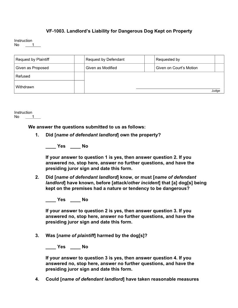 VF 1003. Landlords Liability For Dangerous Dog Kept On Property | Pdf Docx | Jury Instructions