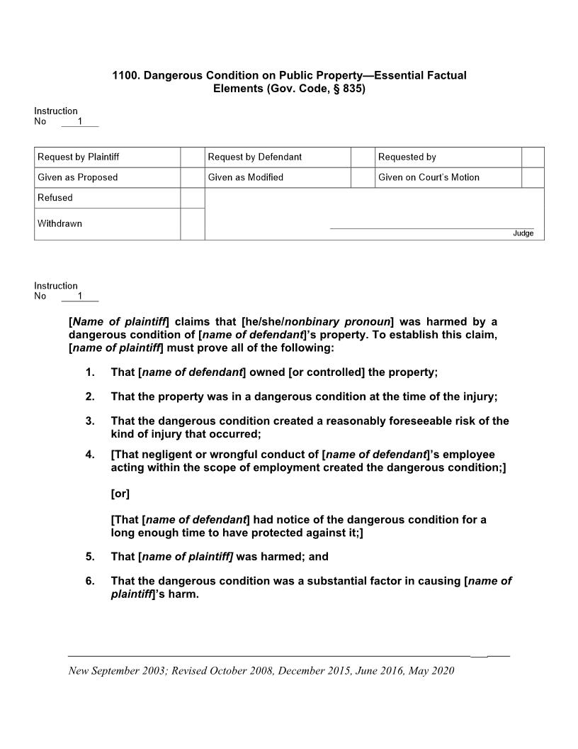1100. Dangerous Condition on Public Property Essential Factual Elements (Gov. Code, § 835) | Pdf Doc Docx | Jury Instructions